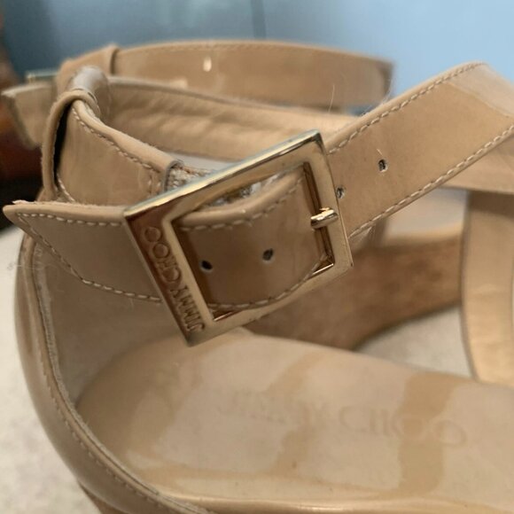Jimmy Choo Beige Patent Leather Portia 120 Cork Heel Wedges - Picture 3 of 7